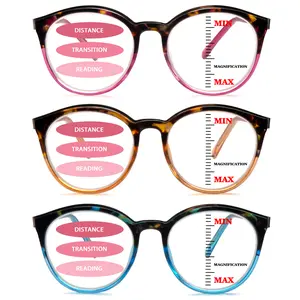 3 Pack Progressive Multifocal Round Frame Reading Glasses Women Blue Light UV Protection Spring Hinge HD Lenses Computer Readers Clear Mix Color