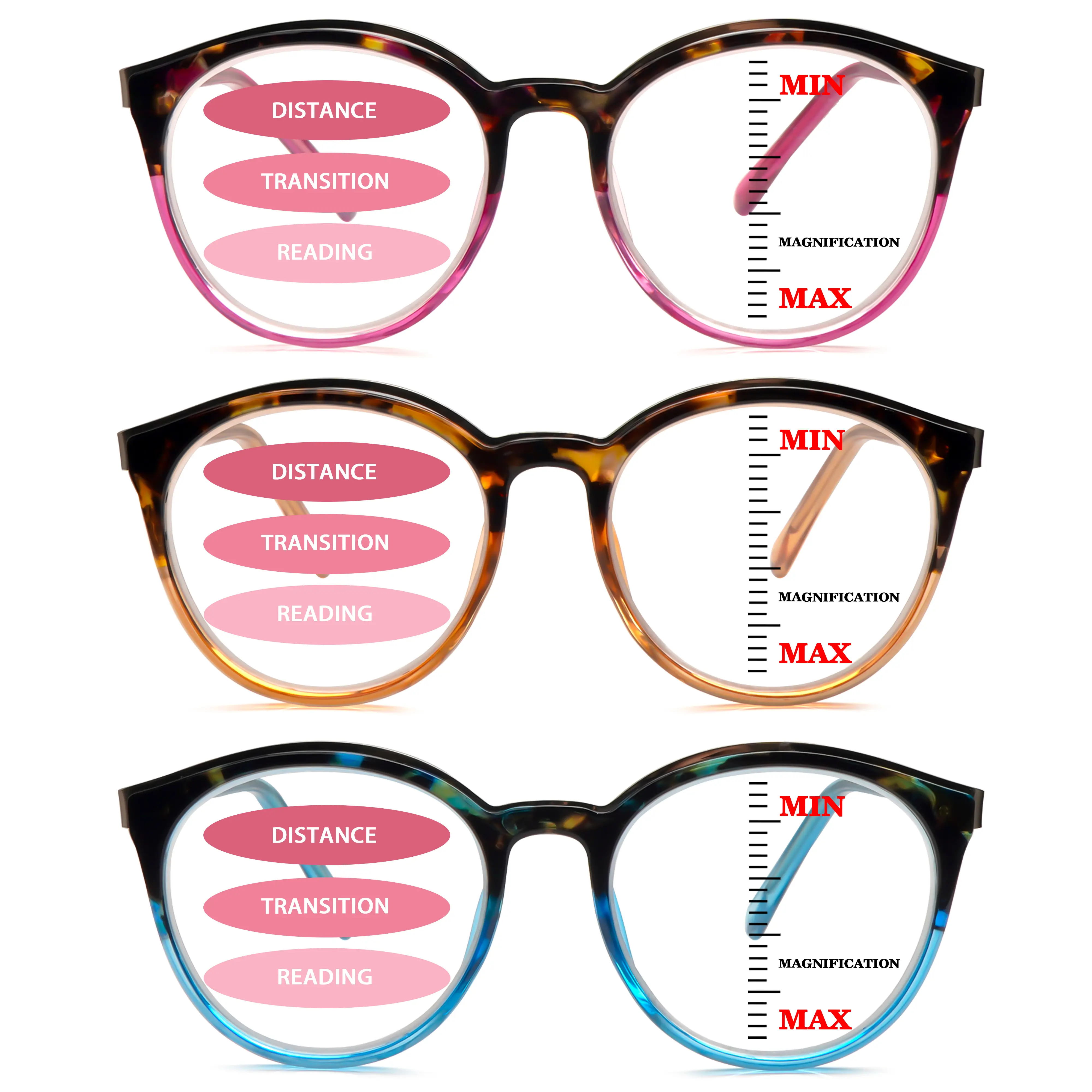 3 Pack Progressive Multifocal Round Frame Reading Glasses Women Blue Light UV Protection Spring Hinge HD Lenses Computer Readers Clear Mix Color
