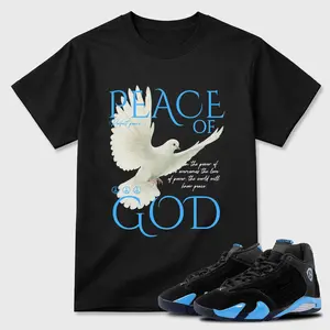 Unisex T-shirt To Match Sneakers Jordan 14 Black & University Blue - Peace of God. 100% Cotton for Casual Wear. Comfortable Summer Unisex T-Shirt to match Jordan Sneaker. Streetwear Style. urban outfitters