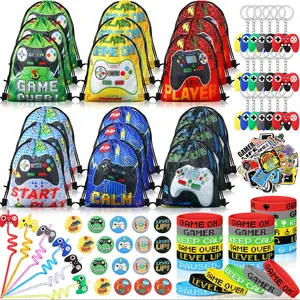 140 Pcs Video Game Party Favors Gamer Party Supplies Drawstring Bags With Silicone Bracelet Keychains Straws Button Pins Stickers For Birthday Party