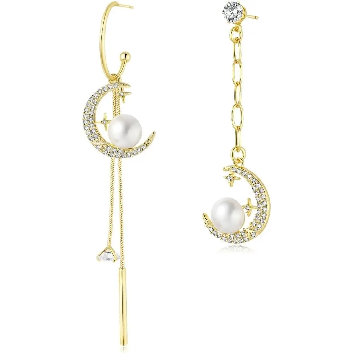 Gold Moon Star Pearl Earrings