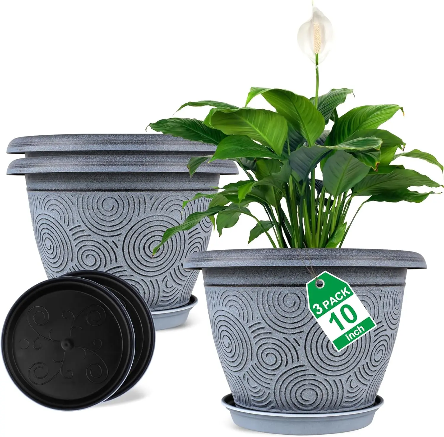 10 Inch Flower Pots Planters for Indoor Outdoor , 3 Pack Plastic Large  Pots with Drainage Hole & Tray, Modern Decorative Garden Pot with Saucer,  Container for House