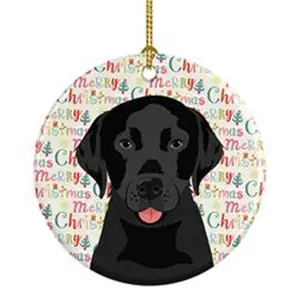 212 MAIN Black No.3 Round Porcelain Labrador Retriever Christmas Ornament - 2.8x2.8in Multicolor Paint-Ready Print Artwork, Miniature Christmas Decor with Small Gold Cord, Universal Unisex Indoor Home Festive Tree Decoration for Friend Gift