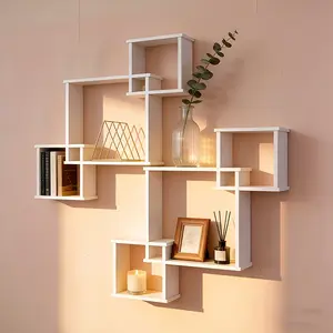 White Geometric Wall Shelf Set with 1 Large and 2 Small Shelves, Wall Mounted Hanging Display Rack for Bedroom or Living Room, Space Saving Organizer for Mini Plants Ornaments and Home Decor, Decoration Items, Multipurpose Utility Shelf No Battery Needed