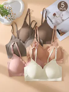 5PCS Women's Comfort V-Neck Wireless Bra Set, Soft Breathable Lined Everyday Bras, Medium Support Adjustable Buckleless Design, All Seasons