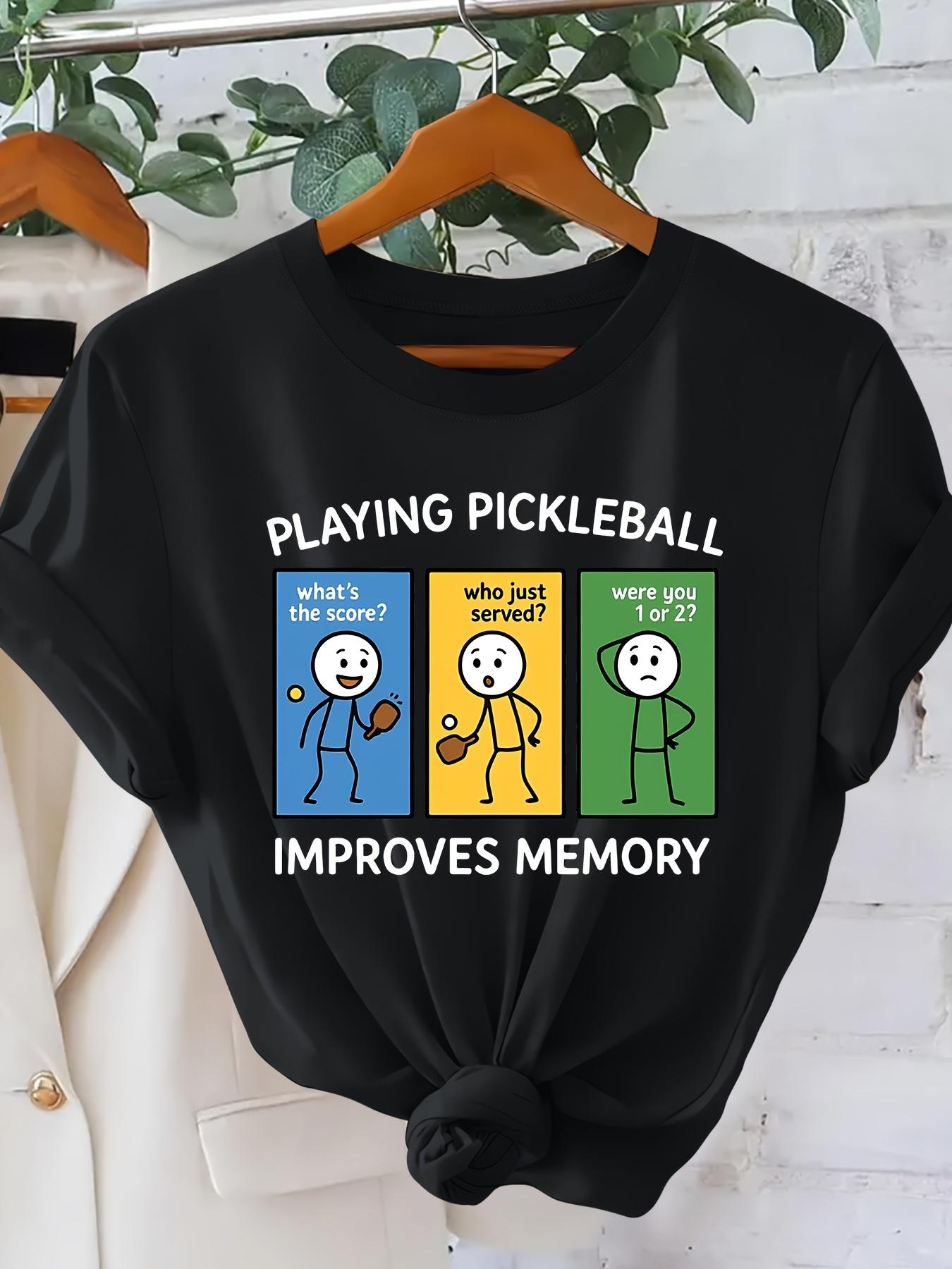 PLAYING PICKLEBALL Fun Cartoon Character Print Fashionable Vintage Style Women's Short Sleeve T-Shirt, Spring/Summer Daily Commute Casual Versatile Elegant Women's Apparel, Sporty Trendy Versatile Design, Simple Round Neck Comfortable Breathable Top,