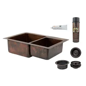 33" Hammered Copper Kitchen 60/40 Double Basin Sink with Matching Drains