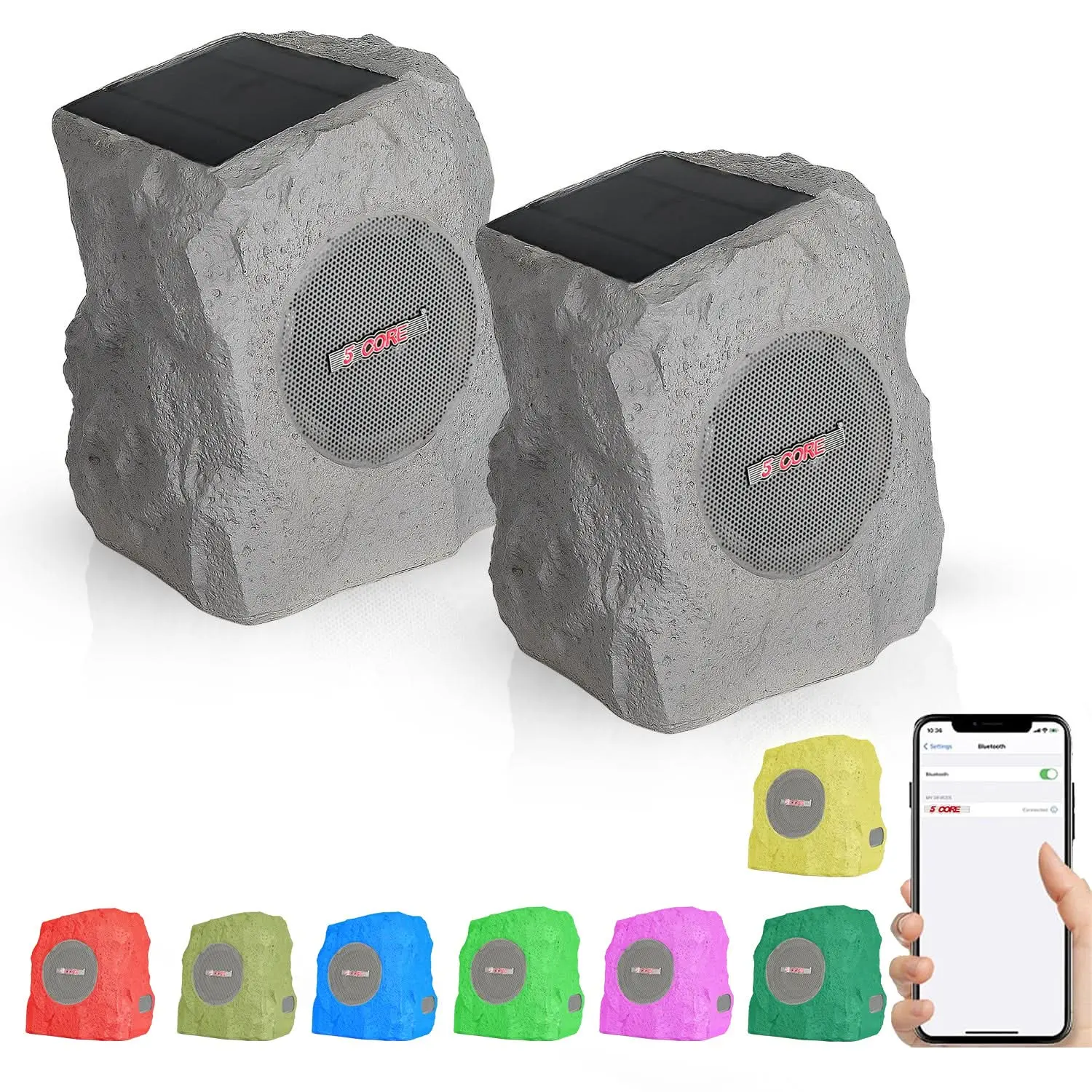5 Core Rock Speaker 2Pcs Outdoor Garden Speakers Solar & USB Charging RGB Colors for Patio Pool & Home