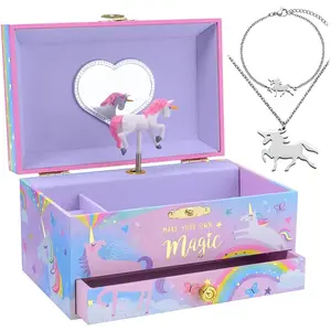 Unicorn Musical Jewelry Box for Little Girls - Kids Jewelry Box with Pullout Drawer - Jewellery Box with Necklace and Bracelet - Gift Set for Kids - Children's Jewellery Case