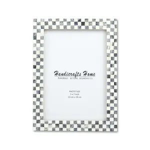 Handicrafts Home Bone Inlay Picture Frames Chic Boho Wall Décoration Photo Frame (Grey-White, 5x7 Inches)