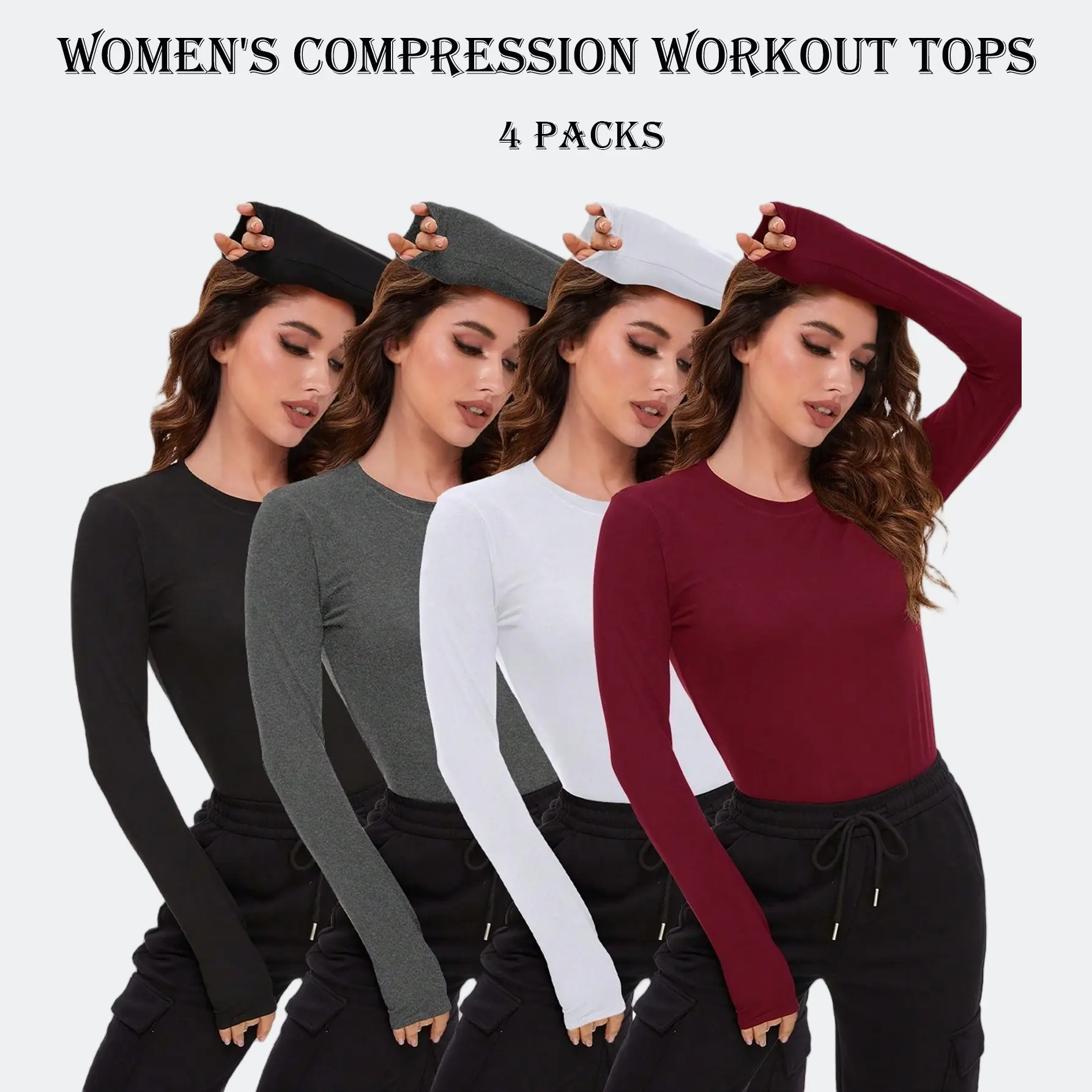 4 Pack Women’s Long Sleeve T Shirts Compression Activewear For Women Crew Neck Slim Fitted Compression Workout Tops Athletic Basic Underscrubs Shirts For Gym Running Yoga Sports tiktokshopspringglowup Fitness Outfits summerwins