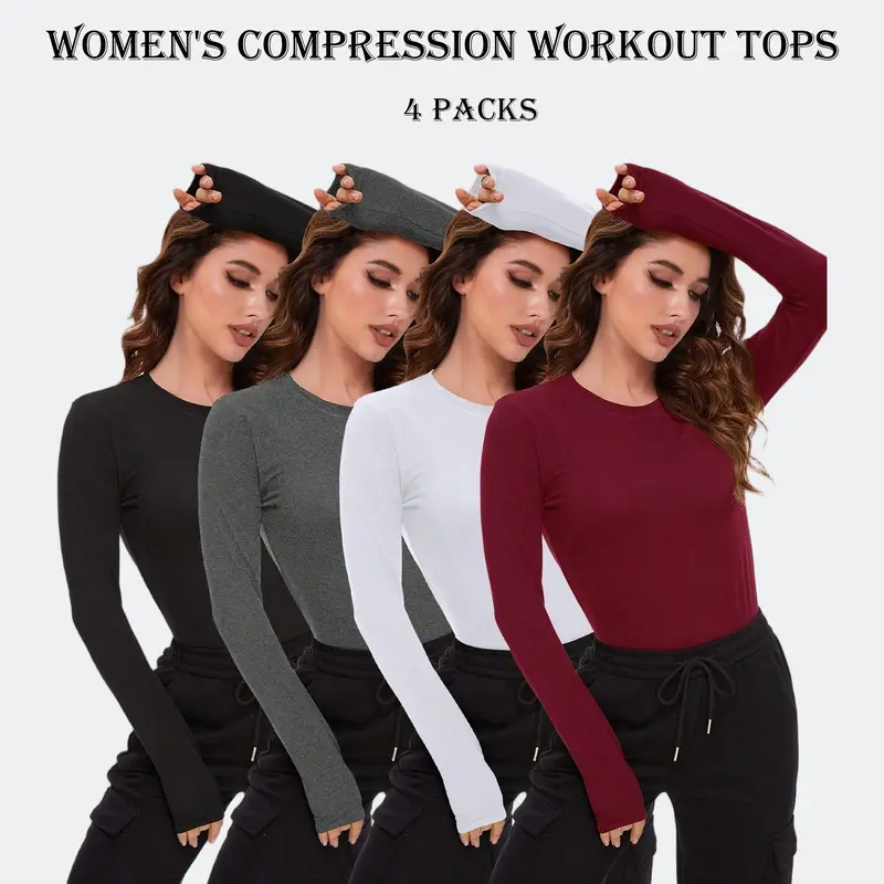 4 Pack Women’s Long Sleeve T Shirts Compression Activewear For Women Crew Neck Slim Fitted Compression Workout Tops Athletic Basic Underscrubs Shirts For Gym Running Yoga Sports