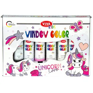 Viva Decor Window Color Set - Unicorn Love - 6 Bottles á 90 ml, Stained Glass Paint Kit with 15 Unicorn-Themed Templates, Non-Toxic Window Paint for Glass Painting, Peelable and Repositionable Glass