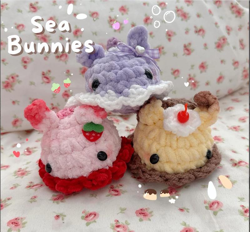 Cute Crochet Dessert Sea Bunnies Handmade Plush in Sweet Flavors Ultra Soft Fluffy Yarn Mini Size Perfect for Desk Decor Kawaii Lovers