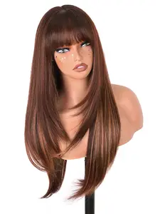 Women's 26 Inch Bangs Long Straight Brown Mixed Highlight Hair Wig, Layered Style, Synthetic Heat Resistant Material, Daily Party Use, Synthetic Material Wigs