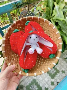 Handmade Crochet Bunny in Strawberry Plush – Cute Big-Eared Rabbit Crochet, Adorable Strawberry Bunny Plushie Crochet, Bunny keychain, Easter Bunny Gift