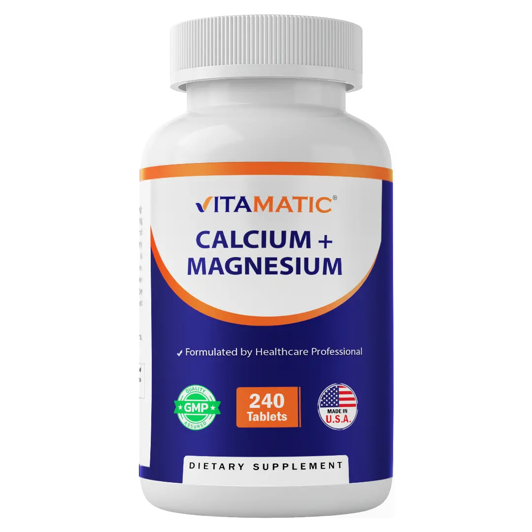 Vitamatic Calcium-Magnesium Complex Vitamin Dietary Supplement - 1000mg Calcium, 500mg Magnesium, Gluten-Free Tablets, Bone Health Support, 240 Count, Made in USA, Wellness & Healthcare Aid
