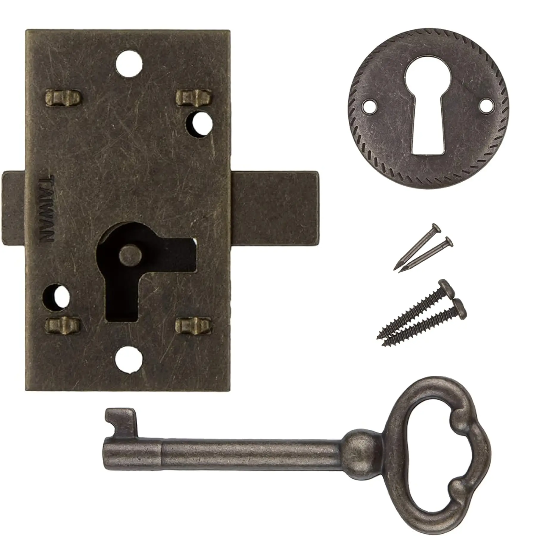 Small Antique Brass Flush Mount Cabinet Door Lock with Key - 1" Wide x 1 3/4" High - Vintage Lock and Key for Furniture Doors and Drawers