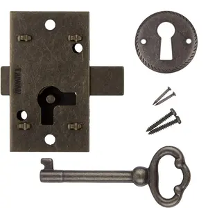 Small Antique Brass Flush Mount Cabinet Door Lock with Key - 1" Wide x 1 3/4" High - Vintage Lock and Key for Furniture Doors and Drawers
