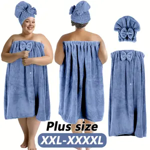 Plus Size Bathrobe & Shower Cap Set XXL-XXXXL Soft Striped Polyester Spa Towel Wrap Woven Bathrobe & Shower Cap for Home Travel Sauna Fitness Bathroom Pool