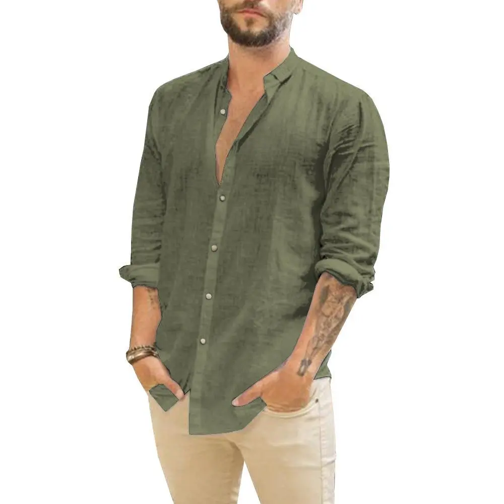 PASLTER Men's Casual Button Down Cotton Linen Shirts Long Sleeve Band Collar Beach Shirt Top PQ1161 Menswear Beige