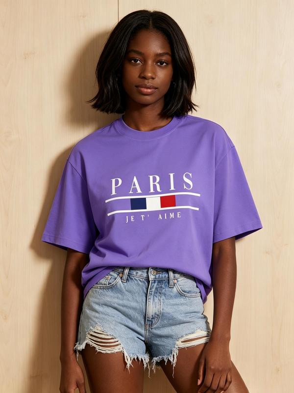 Women's Plus Size Casual T-Shirt - Paris Je T'aime French Flag Graphic, Oversized Short Sleeve Crew Neck, Aesthetic Curvy Tee Top, Breathable Fabric, Beach Style