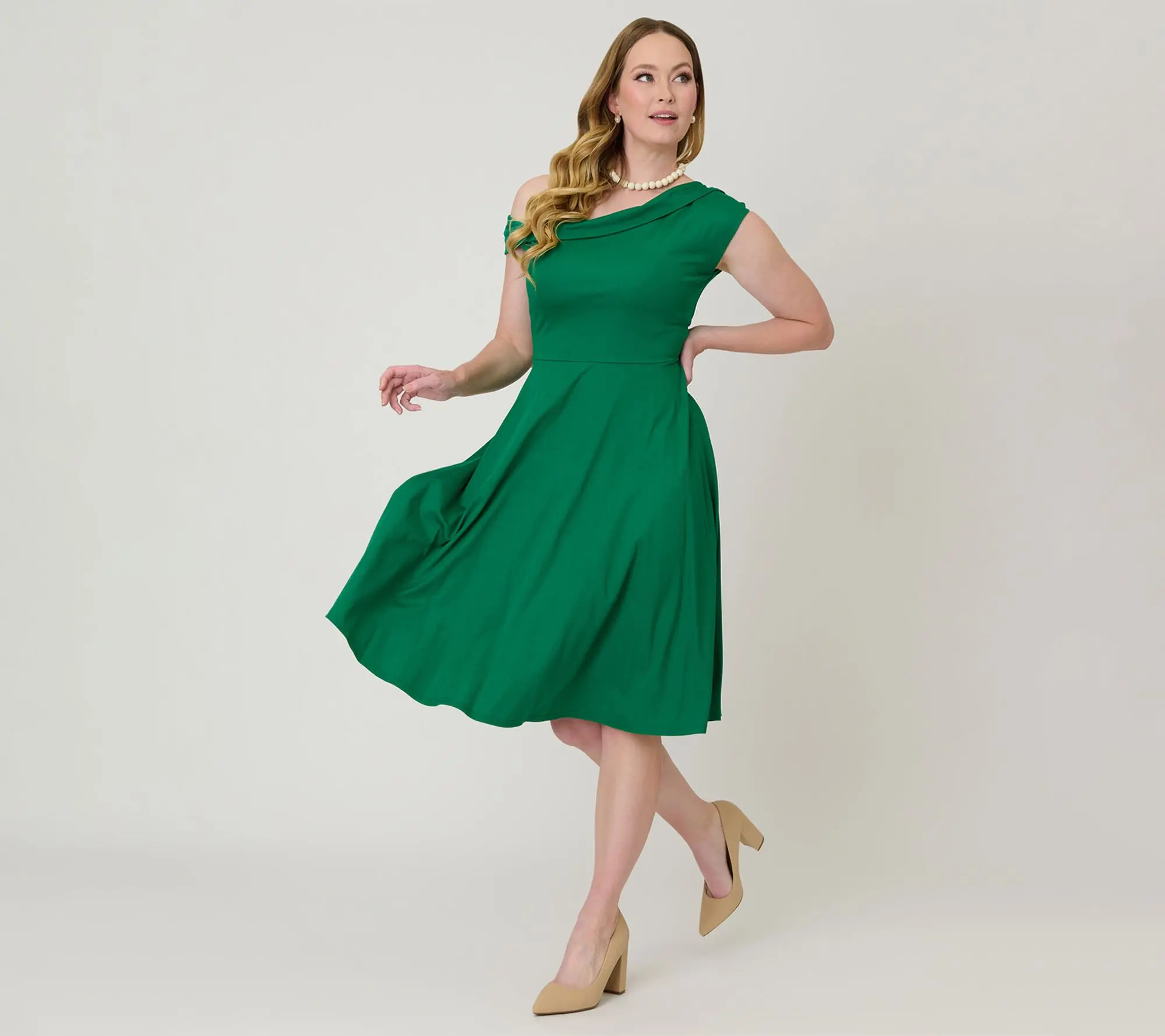 Unique Vintage Green Asymmetrical Neck Swing Dress
