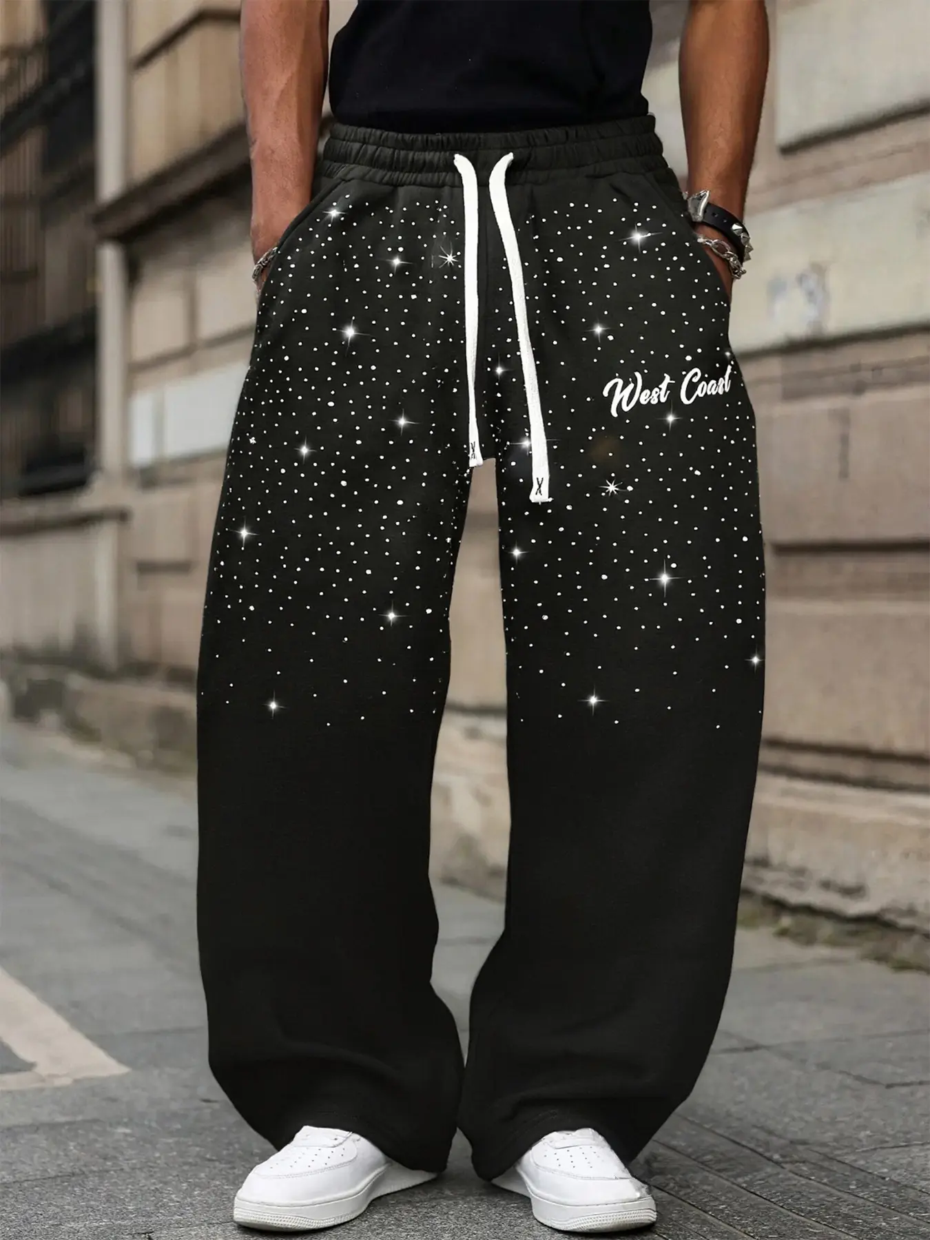 Men's Flare Leg Joggers with Subtle Glitter Rhinestone Design, Elastic Waistband, Loose Fit High Street Style Pants