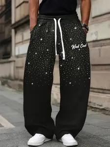 Men's Flare Leg Joggers with Subtle Glitter Rhinestone Design, Elastic Waistband, Loose Fit High Street Style Pants