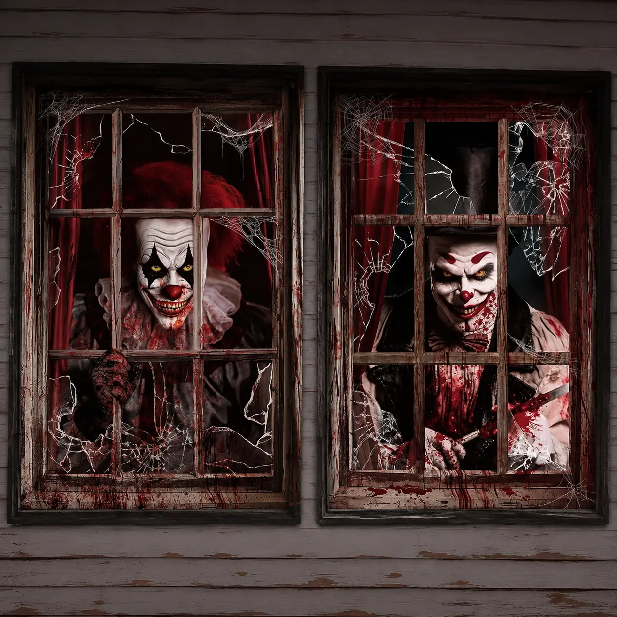 2 Pcs Halloween Window Decorations, Bloody Clown Window Cover Curtains, Haunted House Horror Decor with Realistic Broken Glass Effect, Reusable Fabric Spooky Decorations for Indoor Outdoor Halloween Party, 31 x 47 Inch
