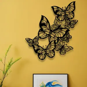 Large black and white metal wall decoration, Wall Art Decoration - butterfly and floral iron sculpture, leaf and wing patterns, indoor and outdoor hanging decoration, suitable for home, garden, office - easy to install, durable iron (butterfly)