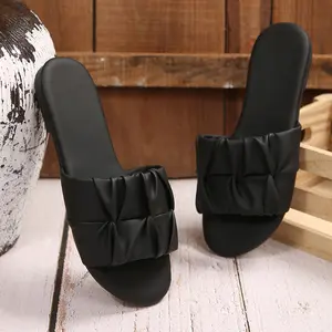 Women's Pleated Flat Sandals Anti-Slip Soft-Soled Casual Outdoor Slipper Fashionable Open Toe Beach Sandals