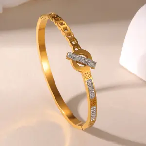 Chain Pattern CZ Toggle Clasp Gold Bangle - Luxury Everyday Wear Statement Jewelry