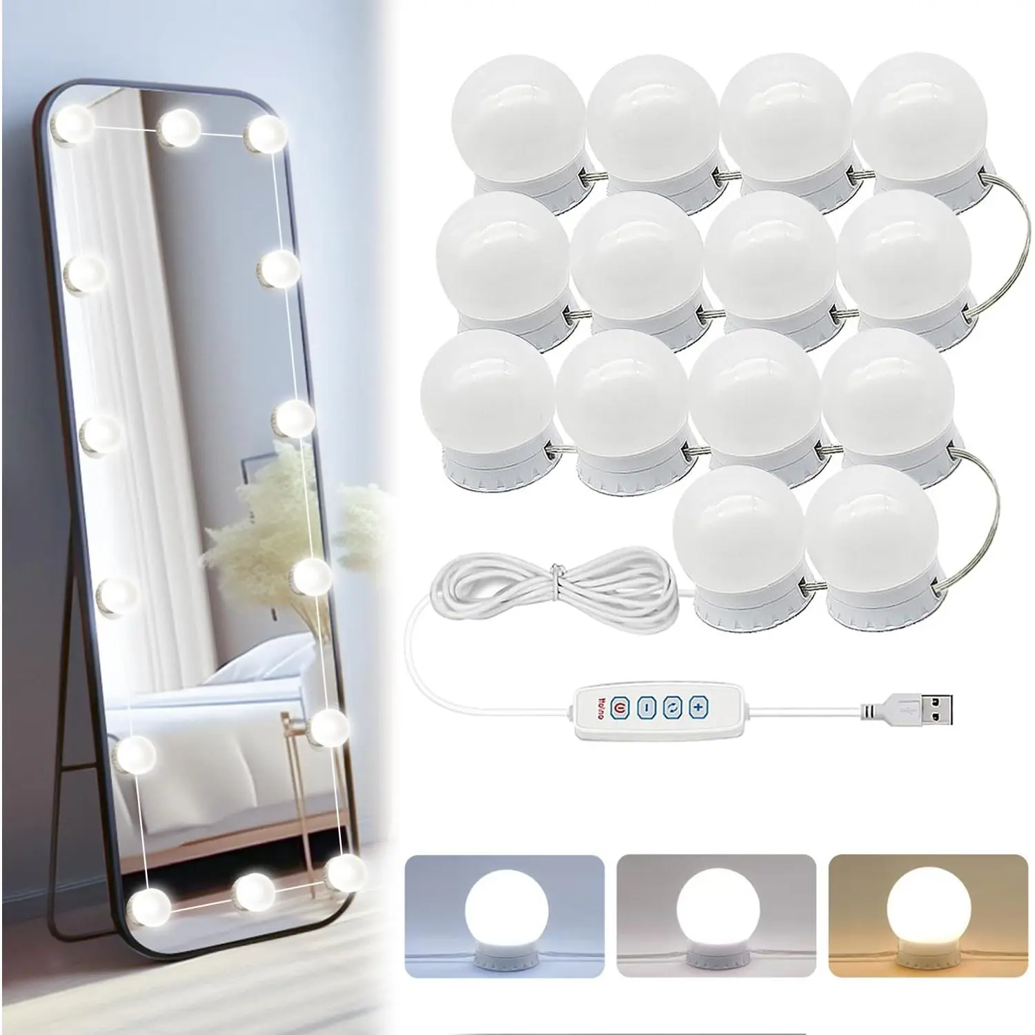 LED Vanity Lights for Mirror - 14 Dimmable Bulbs, Adjustable Color & Brightness, USB Power, Mirror Lights Stick  for Makeup Table