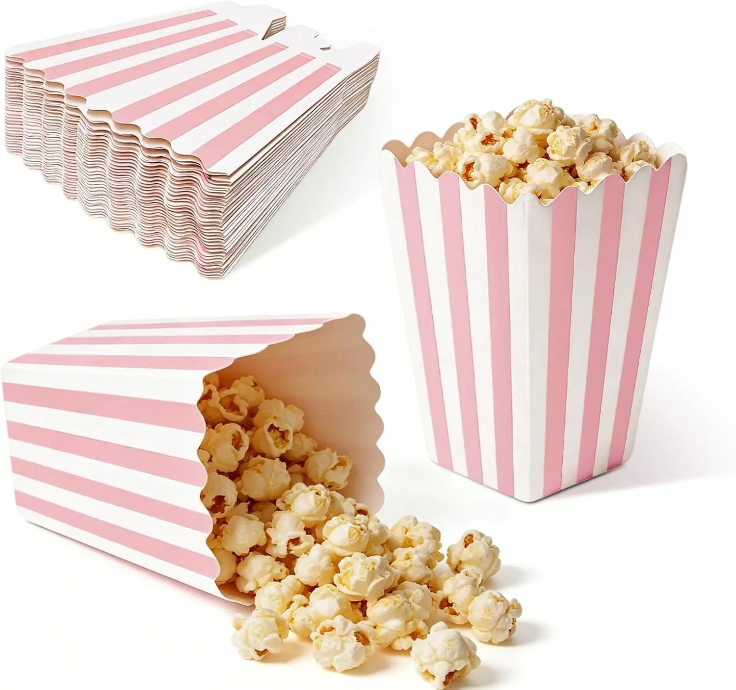 32 Pack Pink Popcorn Boxes, 4.6" x 2.7" Small Paper Popcorn Containers, Pink and White Striped Popcorn Buckets for Movie Night, Cinema, Party, Birthday