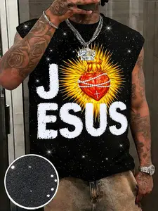 Men's Casual Vest, Full Starry Background with Prominent 'jesus' Lettering, Sacred Heart Flame Print, Comfortable Silver Color Fabric