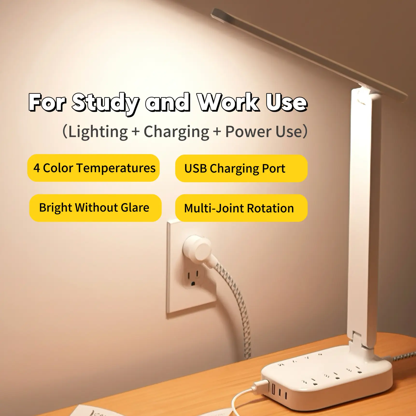 LED Desk Lamp Power Strip, 3 AC Outlets, 4 USB Ports (2 USB-C), 4 Color Modes, 5 Brightness Levels, Touch Control – Desk Lamp for Home, Office, Bedroo