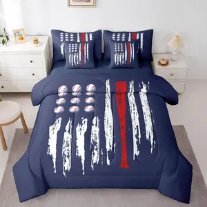 7 Pieces Baseball Comforter Set for Kids,Blue White Red Bedding Set,American Flag Comforter for Boys Girls Adult