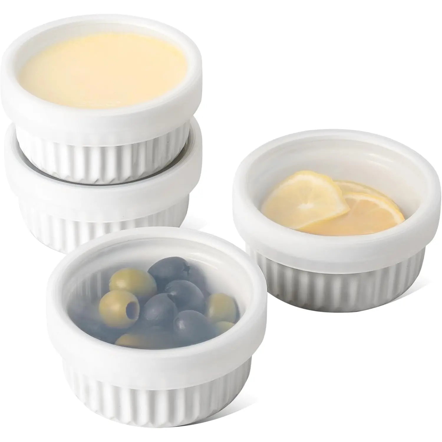 Ramekins with Lids, 4 oz Ramekins for Cooking Lover, Ramiken Oven Safe for Creme Brue, Lava Cake, Souffle, Serving and Meal Prep, Heat-Resistant and Chip-Proof, Set of 4, White