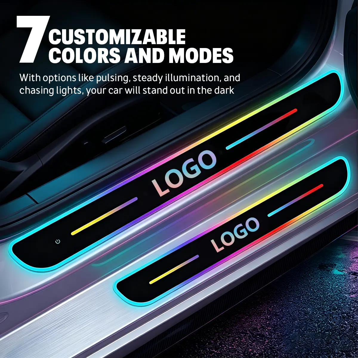 4PCS 7-Color LED Car Door Sill Lights, Magnetic Wireless Auto-Sensing Rechargeable Welcome Pedal Strips for Most Cars SUVs Trucks