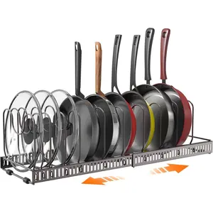 Expandable Pot and Pan Organizer for Cabinet with 10 Dividers, Adjustable Pots and Pans Organizer Rack Pan Lid Cookware Bakeware Baking Storage Holder for Kitchen Countertop Pantry -Bronze
