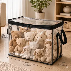 Black PVC Stuffed Animal & Doll Storage Box with Handle – Dustproof, Durable Toy Organizer for Kids’ Room, Playroom, Living Room, or Birthday Gift