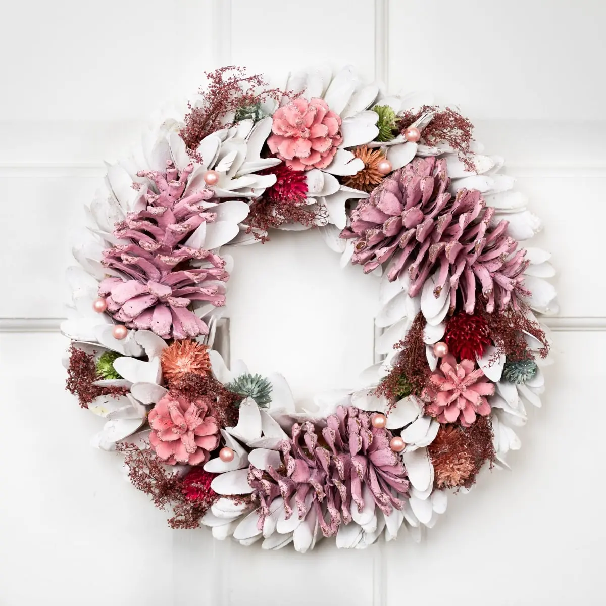 14 in. Unlit Frosted Thistle & Pinecone Artificial Christmas Wreath with 360-Degree Rotatable Stand, White Wooden Pearl Ornaments, Rustic Easy-Install Festive Home Wall Hanging, Party Decoration