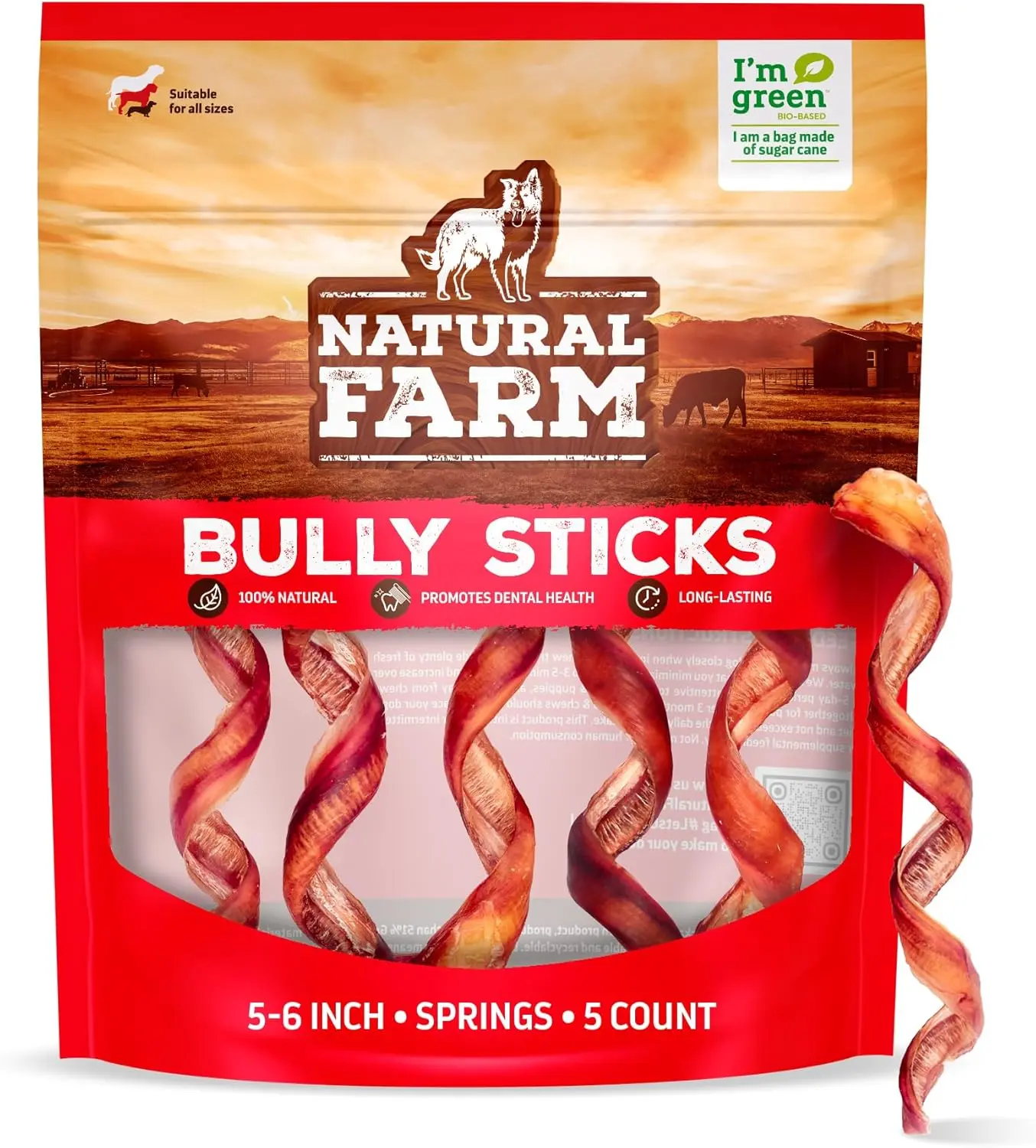 Natural Farm Curly Bully Sticks Dental Dog Treats - 5-Pack 5-6in Rawhide-Free Enrichment Chew Toys, Grass-Fed Beef Pizzle, High Protein, Plaque Scraping, Odor-Free, Non-GMO, Fully Digestible for Small-Medium Chewers (Mental Stimulation Support)