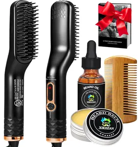 Beard Straightener for Men w/Beard Oil, Balm, Comb & E-Book for All Beard Type,w/Dual Voltage Travel-Friendly,Auto Shut-Off,Anti-Scald Feature Heated Straightening Brush Kit,Unique Gifts for Men Him