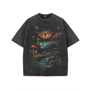 Unisex vintage patterned T-shirt, soft and breathable cotton shirt, featuring a surreal fantasy eye pattern (eyeballs in a swamp/eyes in a pine tree), dark black T-shirt, suitable for everyday casual wear and themed parties - Bohemian style