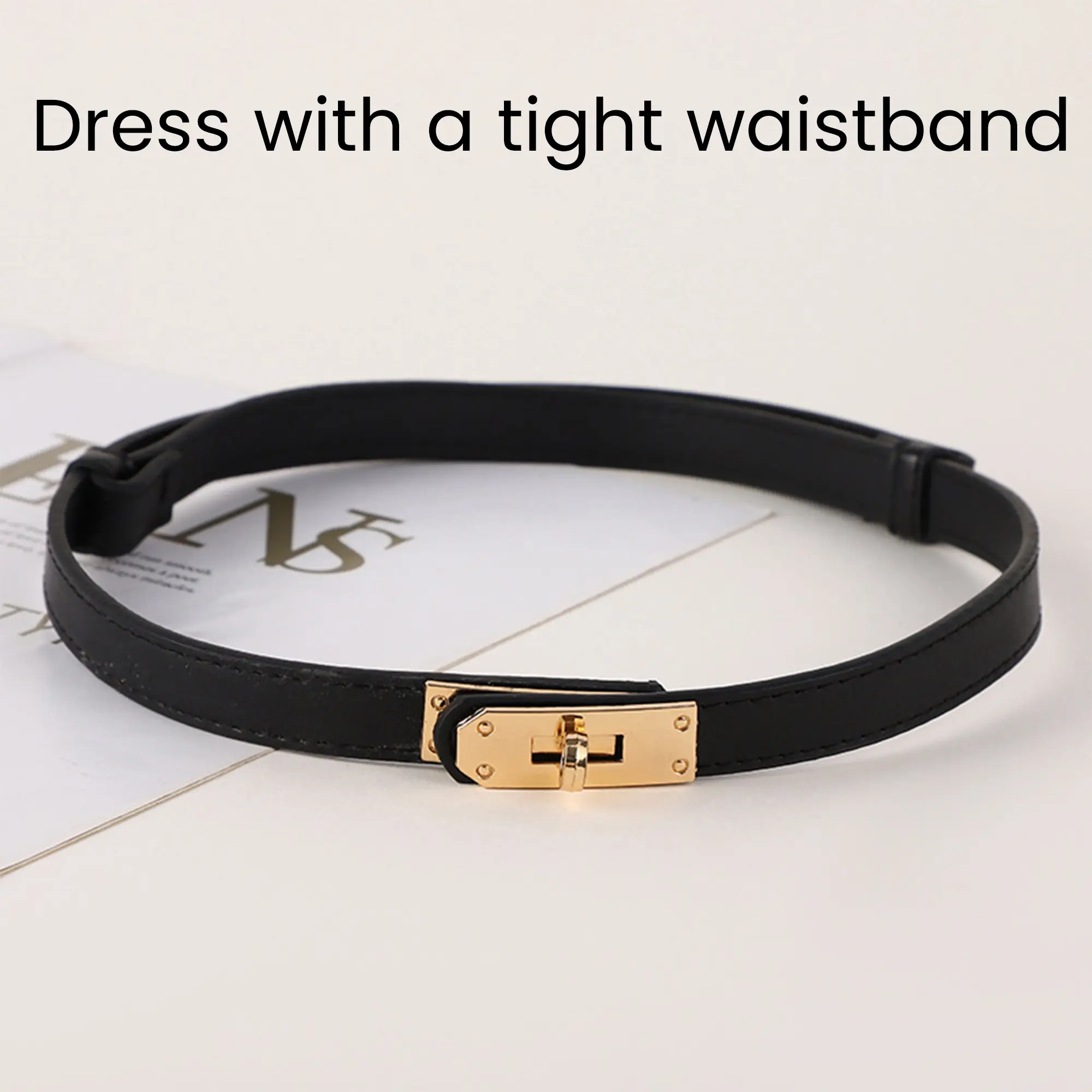 Women's Black Skinny Leather Belt with Adjustable Silver Turn-Lock Buckle for Dresses & Jeans - Adjustable Buckle Women's Belts