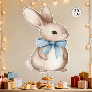 Cute Bunny Party Banner, Watercolor Style with Blue Bow, Indoor/outdoor Decoration, Includes Velcro & Clip, Perfect for Parties & Photography