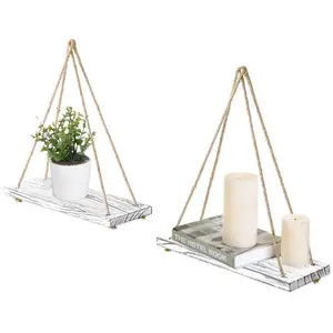 Distressed Wood Hanging Shelves, Set of 2, Whitewashed