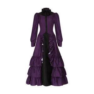 Purple Black Gothic Victorian Dress Cosplay Costume High Collar Ruffled Long Sleeve for Comic Con